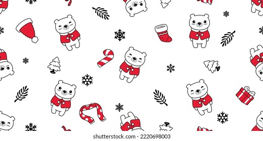 bear seamless pattern polar Christmas tree Santa Claus hat vector candy cane snowflake teddy cartoon gift wrapping paper tile background repeat wallpaper doodle scarf isolated illustration design