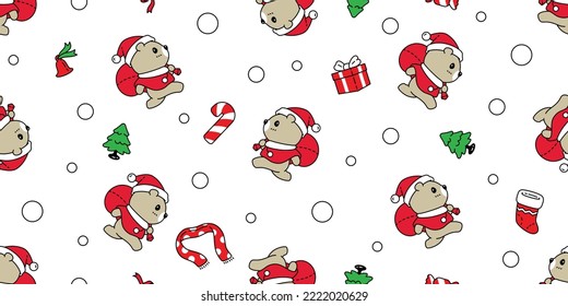 bear seamless pattern polar Christmas Santa Claus hat running vector teddy cartoon gift wrapping paper tile background repeat wallpaper doodle scarf isolated illustration design