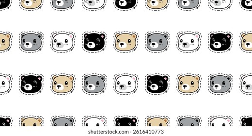 bear seamless pattern polar bear cutting sticker dash line vector face head cartoon doodle teddy tile background gift wrapping paper repeat wallpaper scarf isolated illustration design