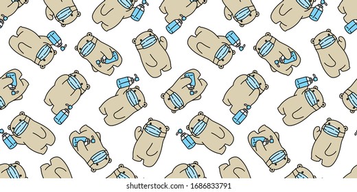 bear seamless pattern polar bear face mask covid19 coronavirus pm 25 alcohol gel vector animal scarf isolated repeat wallpaper tile background doodle cartoon illustration brown design