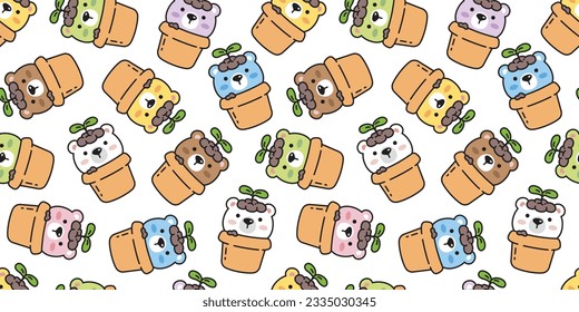 bear seamless pattern polar bear flower plant pot pet doodle vector teddy cartoon gift wrapping paper tile background repeat wallpaper scarf isolated illustration design