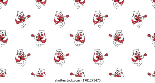 Bear seamless pattern polar guitar vector christmas santa claus bass ukulele teddy cartoon doodle scarf isolated tile background repeat wallpaper illustration design