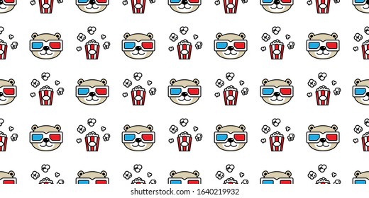 Bear seamless pattern polar bear popcorn vector movie 3d glasses cinema teddy cartoon scarf isolated tile background repeat wallpaper doodle illustration white design