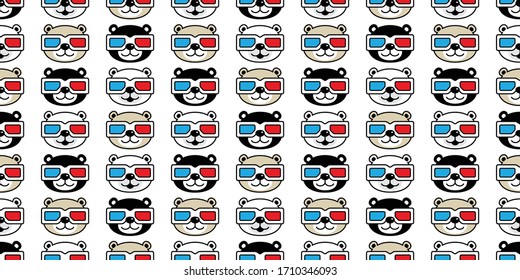 Bear seamless pattern polar bear popcorn vector movie 3d glasses cinema teddy cartoon scarf isolated tile background repeat wallpaper doodle illustration textile design