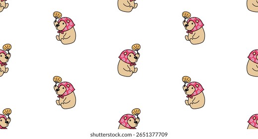 bear seamless pattern polar bear sitting hair tie kerchief hand fan wooden folding fan vector cartoon doodle japan teddy gift wrapping paper tile background repeat wallpaper scarf isolated illustratio