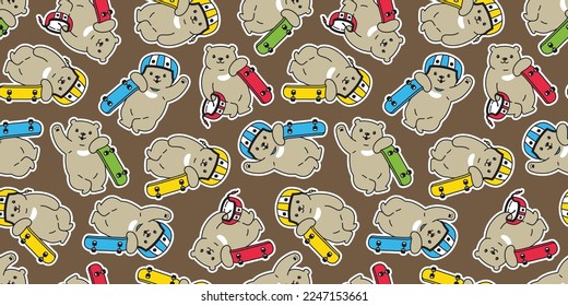 bear seamless pattern polar skateboard skating vector teddy extreme sport cartoon tile background gift wrapping paper repeat wallpaper scarf isolated doodle illustration design