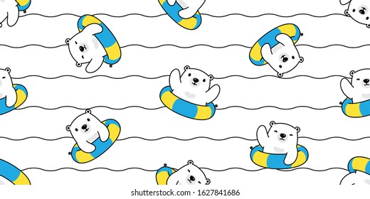 Bear seamless pattern polar bear vector swimming ring pool ocean sea summer teddy cartoon scarf isolated wave repeat wallpaper tile background illustration doodle white design