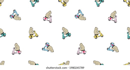 Bear seamless pattern polar bear vector riding bike paw heart cartoon motorcycle tile wallpaper doodle repeat background illustration design