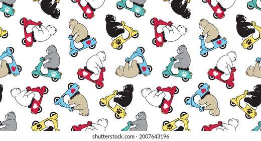 Bear seamless pattern polar bear vector riding bike paw heart cartoon motorcycle doodle tile wallpaper repeat background illustration color design