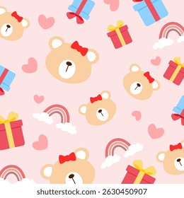 bear seamless pattern with rainbow, heart and gift decoration. Can be used for wallpaper, paper wrapping, and fashion fabric