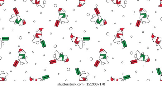 Bear seamless pattern vector Christmas polar bear Santa Claus hat traveler scarf isolated snow cartoon repeat background tile wallpaper illustration design