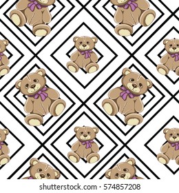 Bear seamless pattern vector on white geometric background. Teddy bear texture. Trendy creative wallpaper. Happy Valentine's Day. Cloth design,print, paper, card,holiday,birthday,child.Color art.Eps10