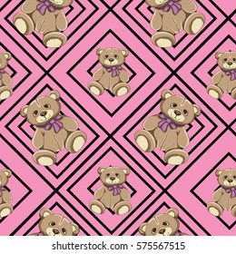 Bear seamless pattern vector on pink geometric background. Teddy bear texture. Trendy creative wallpaper. Happy Valentine's Day. Cloth design,print, paper, card, holiday,birthday,child.Color art.Eps10