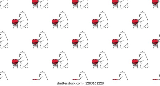 Bear seamless pattern vector polar bear heart valentine shopping cart basket cartoon illustration scarf isolated repeat wallpaper tile background