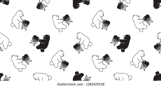 Bear seamless pattern vector polar bear heart valentine shopping cart basket cartoon illustration scarf isolated tile background repeat wallpaper doodle white