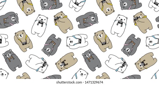 Bear seamless pattern vector polar bear camera scarf isolated tile background repeat wallpaper cartoon doodle illustration design