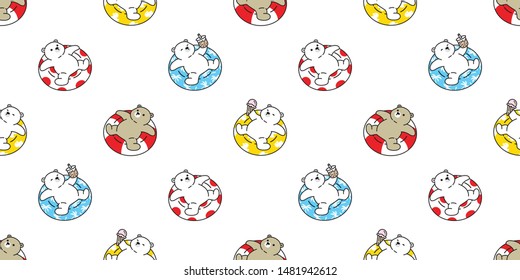 Bear seamless pattern vector polar bear swimming ring pool scarf isolated repeat wallpaper tile background cartoon tropical pool ocean boba tea ice cream doodle illustration design