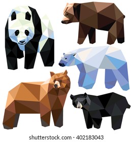 Bear set colorful low poly design. isolated on white background.
