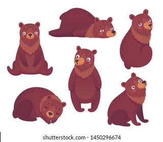 Bear set hand drawn style. Cute Woodland characters playing, sleeping, relaxing and having fun.  Vector illustration.