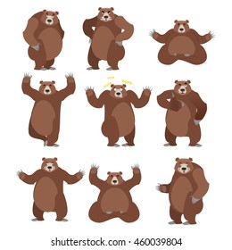 Bear set on white background. Grizzly various poses. Expression of emotions. Wild animal yoga. Eevil and good. Sad and happy animal. Big strong predator thumbs up