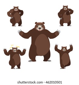 Bear set on white background. Grizzly various poses. Expression of emotions. Wild animal yoga. Eevil and good. Sad and happy animal. Big strong predator thumbs up