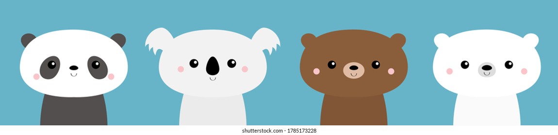 Bear set. Panda, koala, grizzly, polar cub. Cute kawaii cartoon character. Funny head face. Happy Valentines Day. Baby greeting card template. Notebook cover tshirt. Blue background Flat design Vector