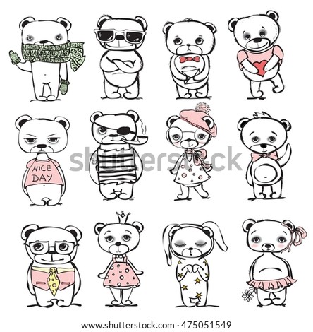Bear set. Vector trendy hipster style for greeting card design, t-shirt print