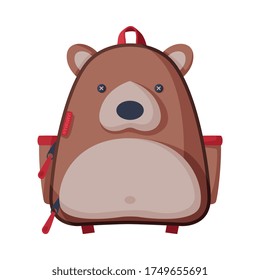 Bear Shaped Childish Backpack, Front View of School Children Rucksack Flat Style Vector Illustration on White Background