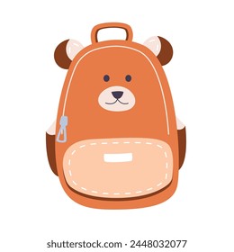 Bear shaped childish backpack, Front View of School Children Rucksack Flat Style Vector Illustration on White Background