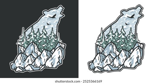 Bear shaped emblem featuring a mountain landscape with the word adventure encourages exploration and outdoor activities