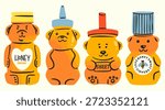 Bear shaped Honey bottles set. Animal packaging design. Various container sizes, shapes. Hand drawn trendy Vector illustration. Isolated design elements. Fresh organic honey, farm market concept