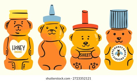 Bear shaped Honey bottles set. Animal packaging design. Various container sizes, shapes. Hand drawn trendy Vector illustration. Isolated design elements. Fresh organic honey, farm market concept