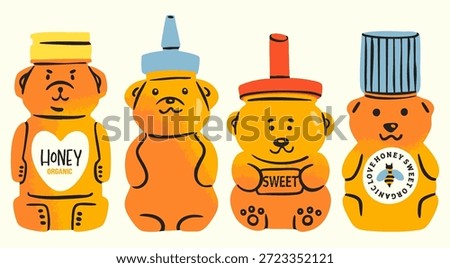 Bear shaped Honey bottles set. Animal packaging design. Various container sizes, shapes. Hand drawn trendy Vector illustration. Isolated design elements. Fresh organic honey, farm market concept