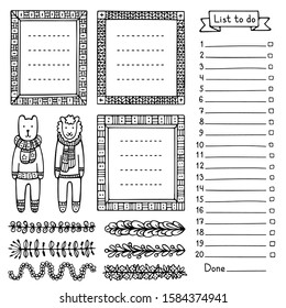 Bear, sheep, and set of hand-drawn frames and dividers for bullet journal, notebook, diary or planner. Collection of doodle black vector borders isolated on white background. 