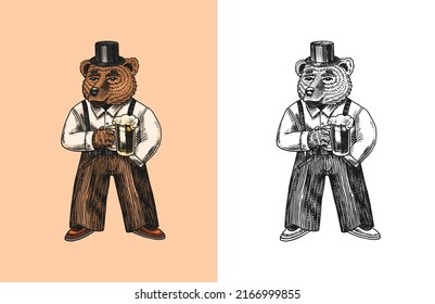 Bear in shirt and suspenders with beer. Fashion animal character in vintage costume. Hand drawn sketch. Retro look. Vector engraved illustration for logo and tattoo 