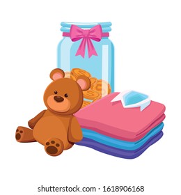 bear with shirts stack and bottle with coins over white background, vector illustration