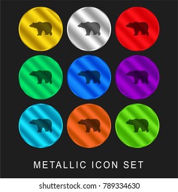 Bear side view silhouette 9 color metallic chromium icon or logo set including gold and silver