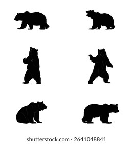 Bear silhouette bundle featuring walking, roaring, and standing wild animal poses in bold black vector style. Great for forest decor, wildlife graphics, hunting themes, and outdoor design.