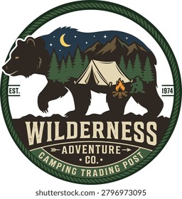 Bear silhouette with camping scene featuring tent and campfire amidst mountains and trees