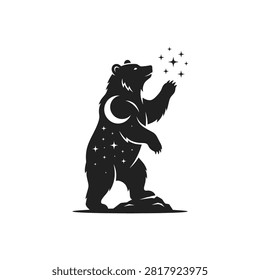 Bear silhouette with celestial moon and star patterns for nature brands.