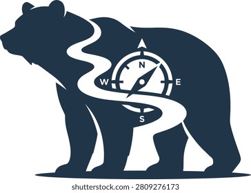 Bear silhouette with a compass design and winding river, symbolizing navigation and adventure