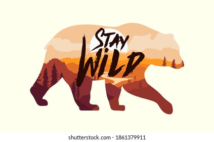 Bear silhouette with double exposure effect with mountains landscape and Stay Wild caption. Sticker or badge or logo design template. Isolated on white background. Vector illustration