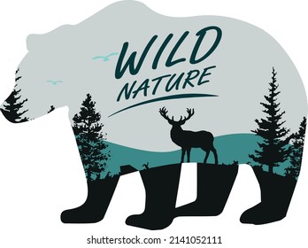 Bear silhouette with double exposure effect with mountains landscape and  Wild nature caption. Sticker or badge. Vector illustration