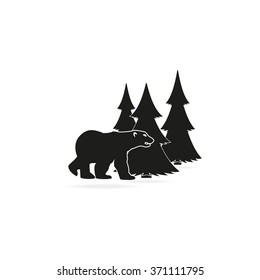 Bear silhouette. Flat forest illustration.