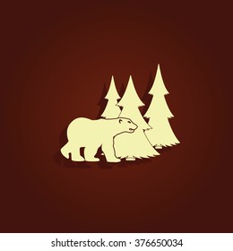 Bear silhouette. Flat forest illustration.