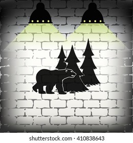 Bear silhouette. Flat forest illustration.