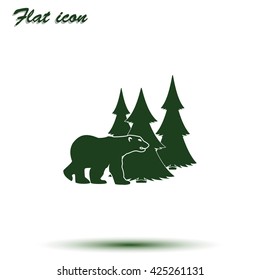 Bear silhouette. Flat forest illustration.
