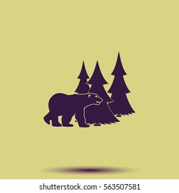 Bear silhouette. Flat forest illustration.