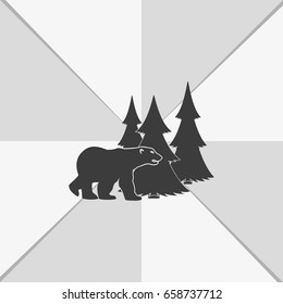 Bear silhouette. Flat forest illustration.