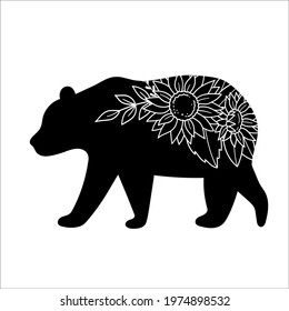 Bear silhouette with flowers. Vector illustration.  Isolated on white background. Good for posters, t shirts, postcards.